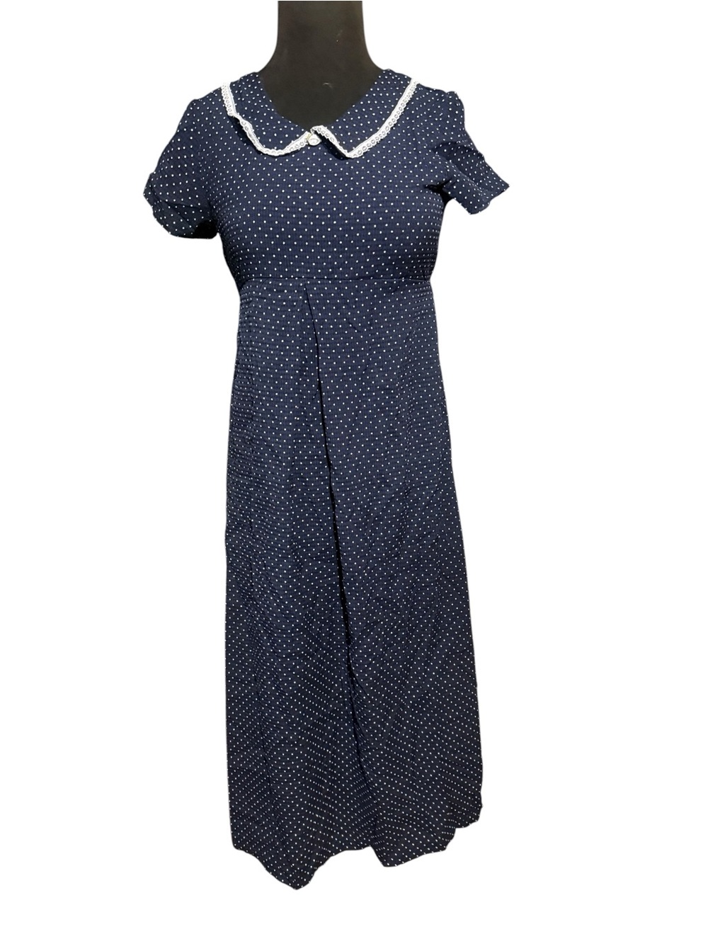 Vintage Simply Basic Girls 16 Navy Polka Dot Peter Pan Collar Maxi Dress Modest